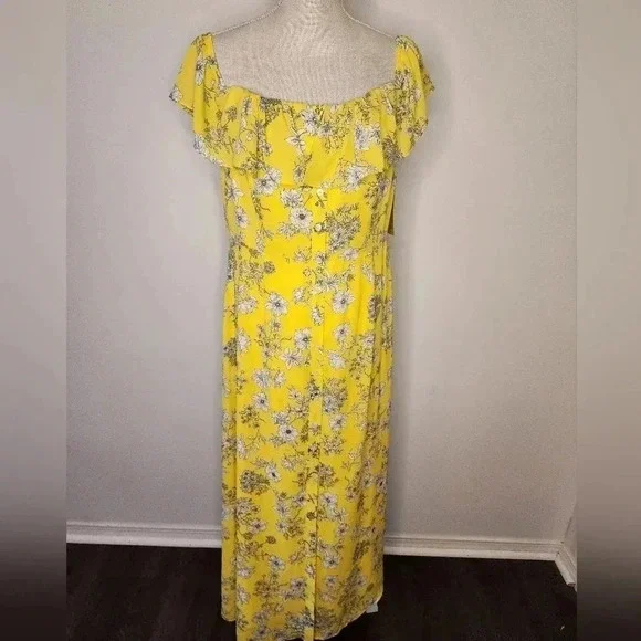 Gianni Bini Aida Floral  Print Off Shoulder Dress Yellow / Ivory Size L NWT - Picture 6 of 15